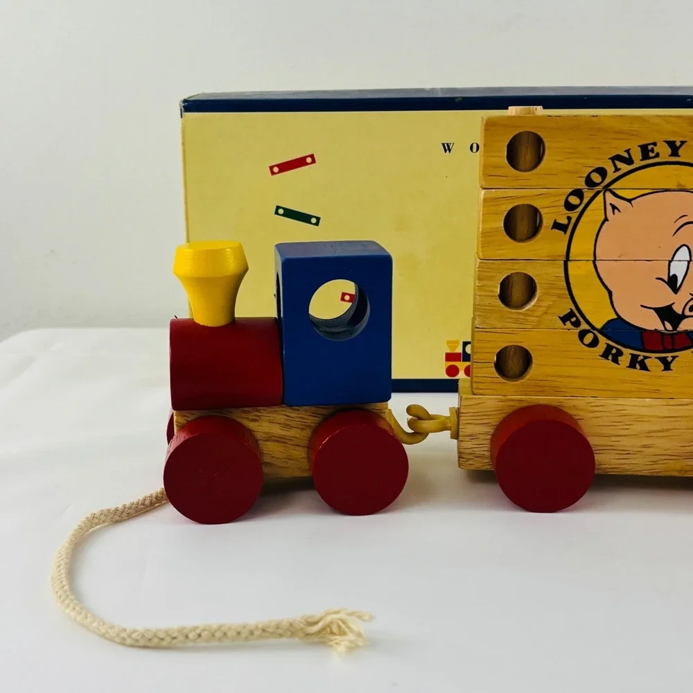 Vintage‎ 1992 Looney Tunes Wooden Puzzle Train Pull Toy Bugs Bunny Tweety Boxed